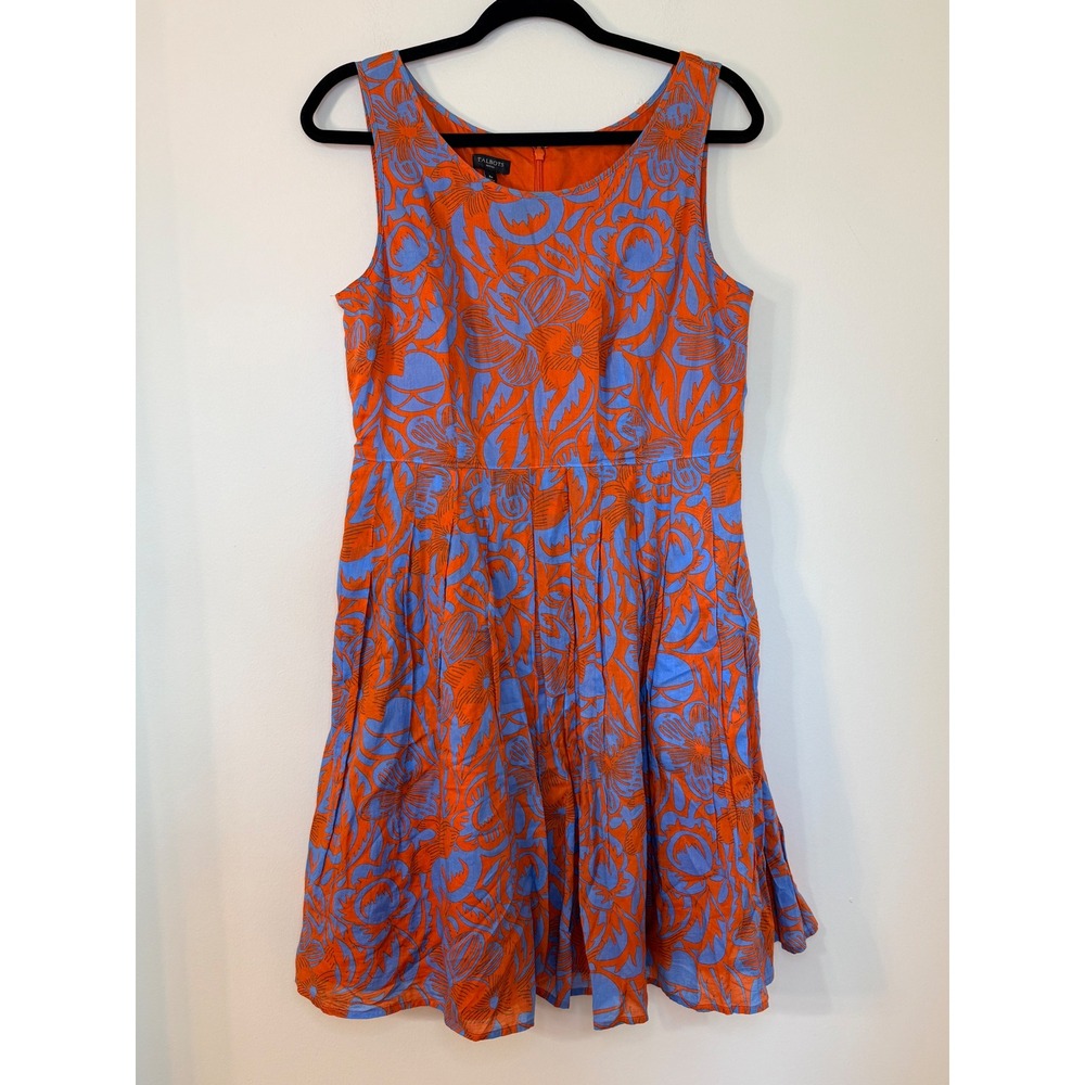 Talbots Petites Orange Blue Floral Cotton Fit Flare Dress 8P Sleeveless Summer